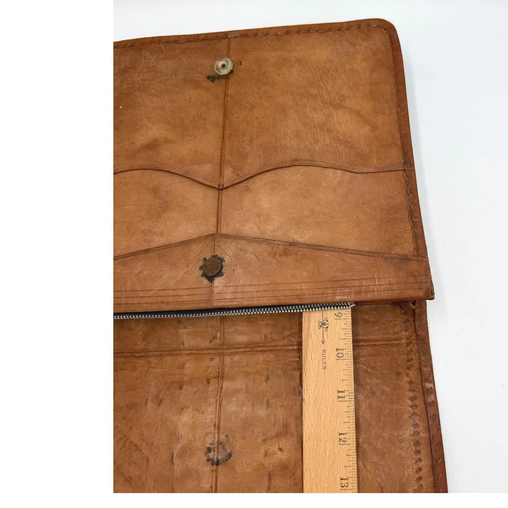 Vintage Reptile Embossed Leather Clutch Brown Portfolio Zip Bag Hornback Style